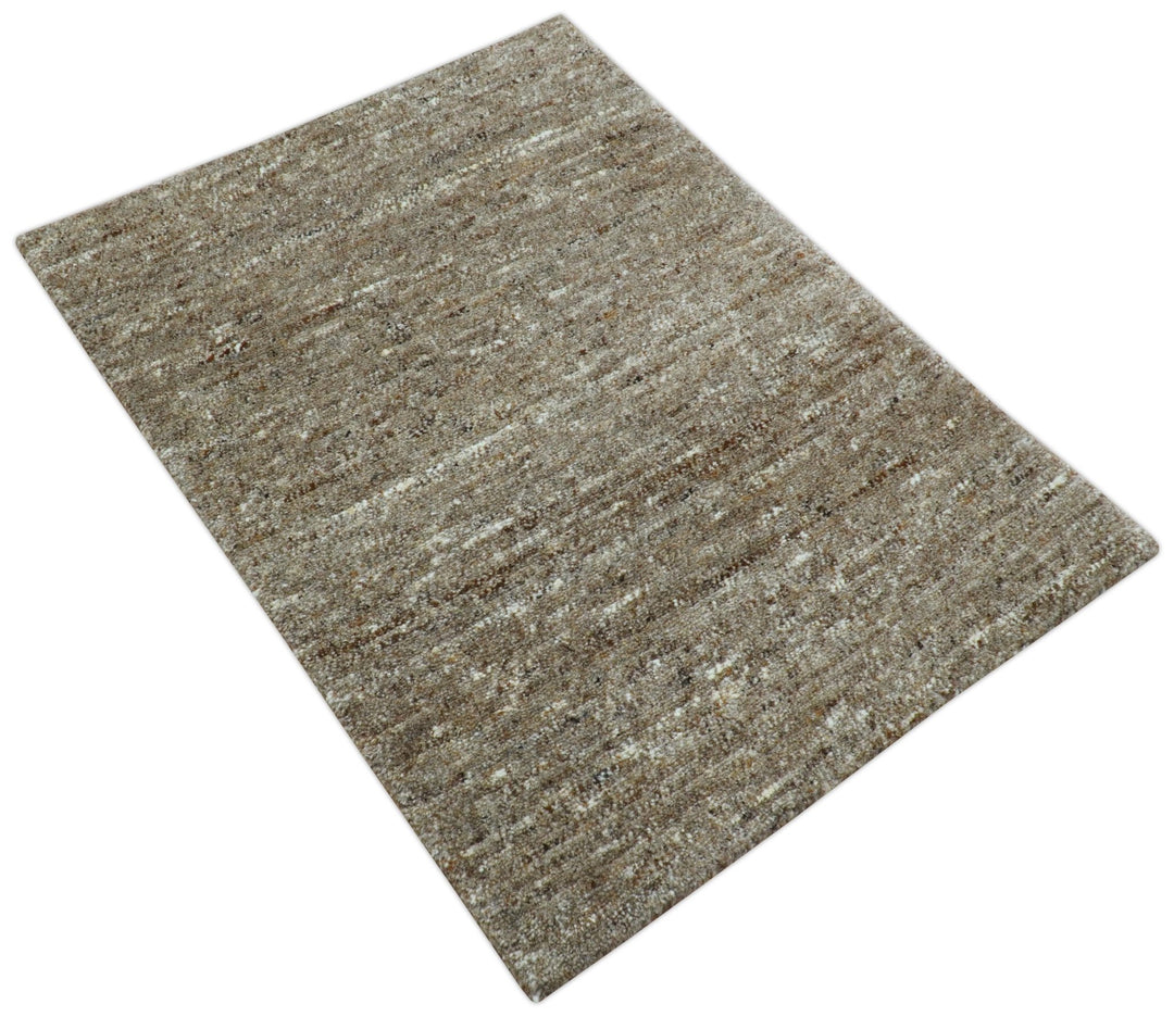 Modern Solid Design Natural Brown Hand Knotted Wool Rug - The Rug Decor