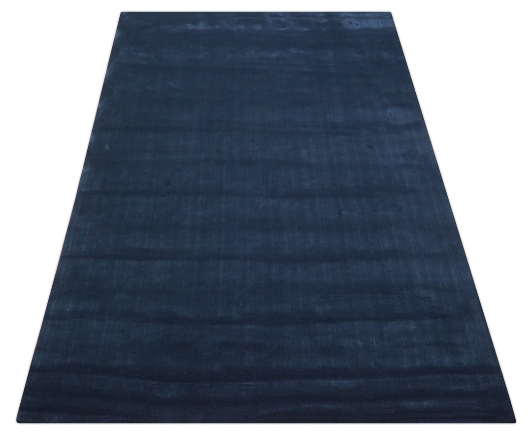 Modern Solid Design Navy Blue Hand Loom 8.9x12.8 Art Silk Rug - The Rug Decor
