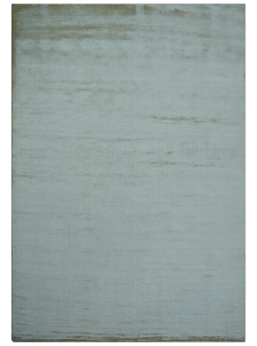 Modern Solid Design Silver And Green Hand Loom 9.4x13 Art Silk Area Rug - The Rug Decor