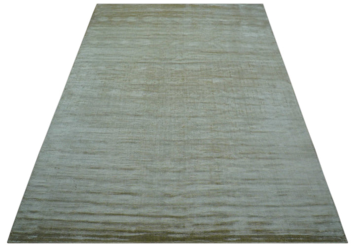 Modern Solid Design Silver And Green Hand Loom 9.4x13 Art Silk Area Rug - The Rug Decor