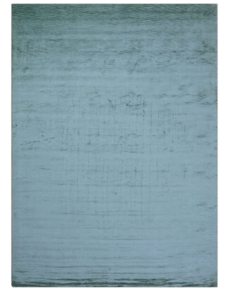 Modern Solid Design Teal Hand Loom 8x11 Art Silk Area Rug - The Rug Decor