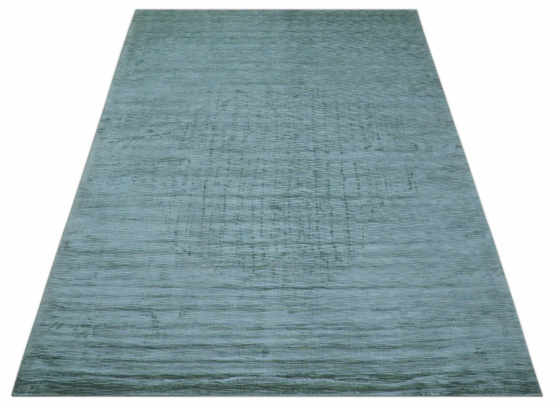 Modern Solid Design Teal Hand Loom 8x11 Art Silk Area Rug - The Rug Decor