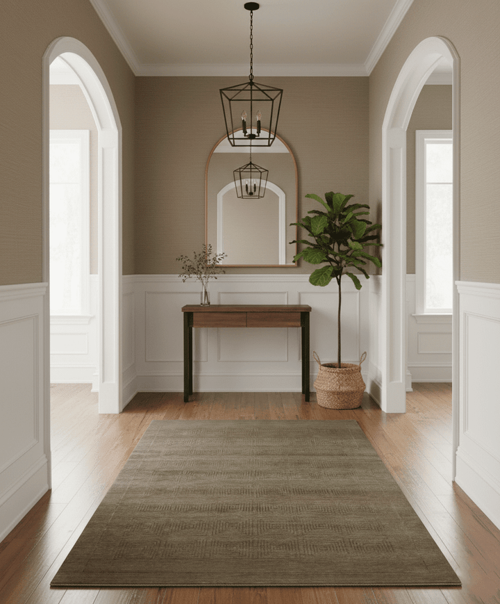 Modern Solid Olive Geometrical Pattern Contemporary Handloom 5x7 wool and Art silk Area Rug - The Rug Decor