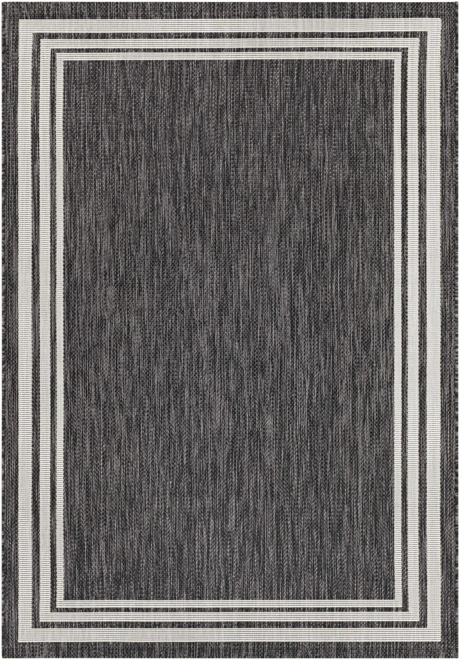 Modern Solid Plain Charcoal and Ivory Stripes Design Outdoor Safe Area Rug - The Rug Decor