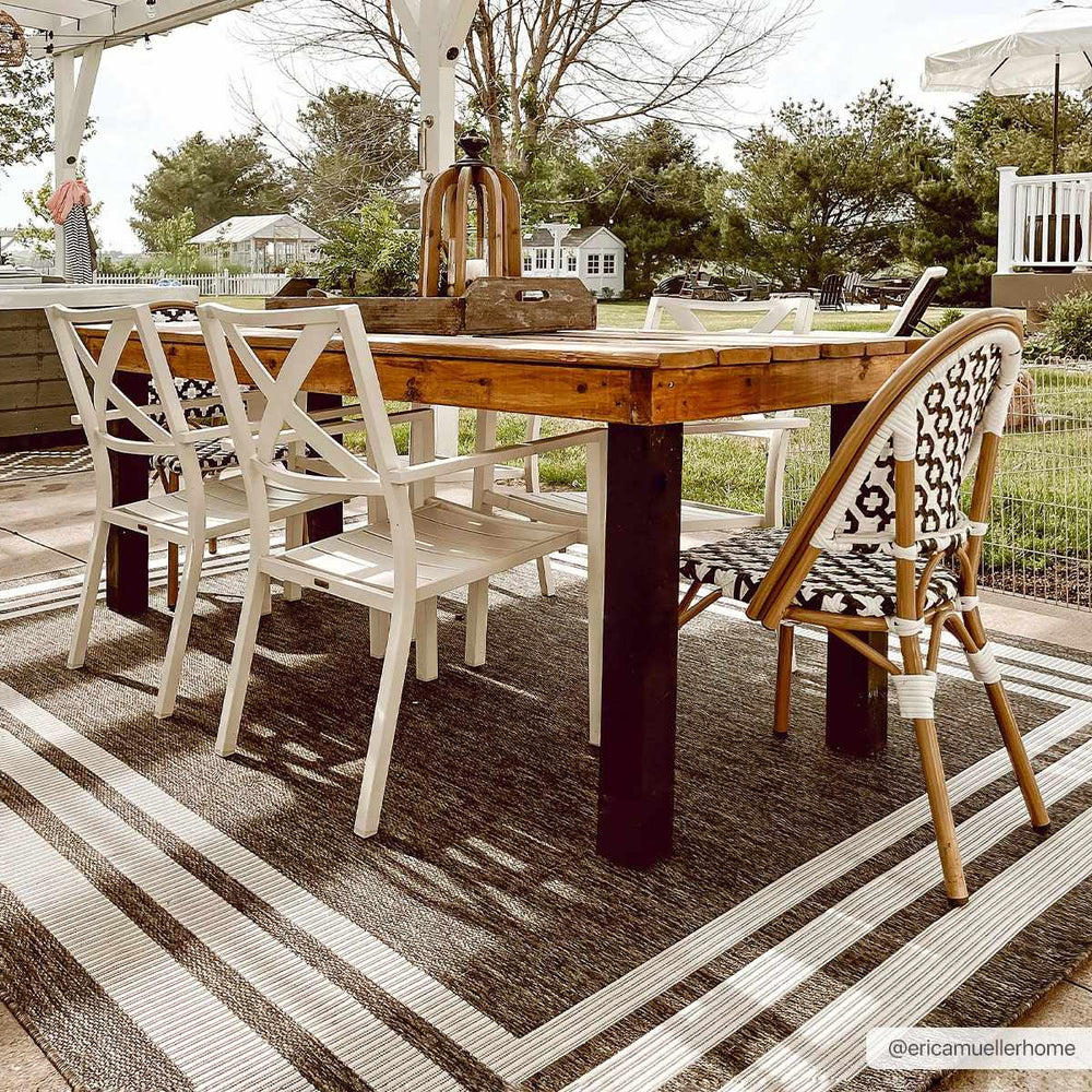 Modern Solid Plain Charcoal and Ivory Stripes Design Outdoor Safe Area Rug - The Rug Decor