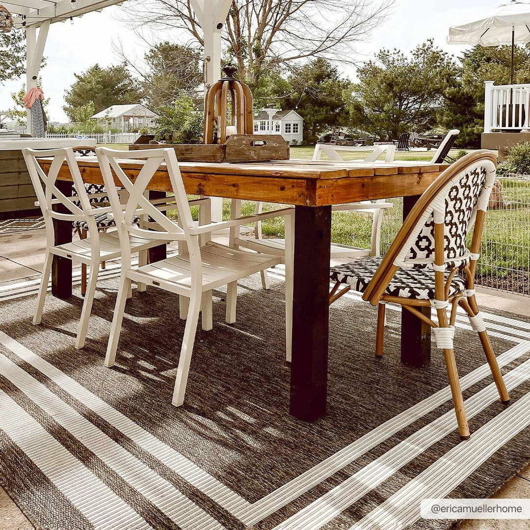 Modern Solid Plain Charcoal and Ivory Stripes Design Outdoor Safe Area Rug - The Rug Decor