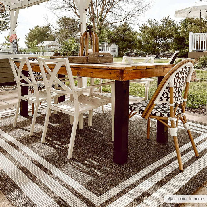 Modern Solid Plain Charcoal and Ivory Stripes Design Outdoor Safe Area Rug - The Rug Decor