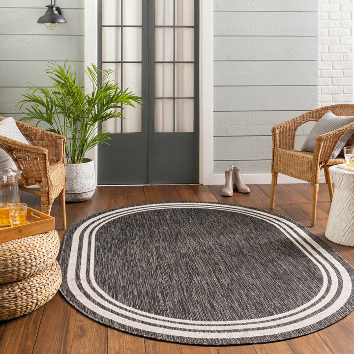 Modern Solid Plain Charcoal and Ivory Stripes Design Outdoor Safe Area Rug - The Rug Decor