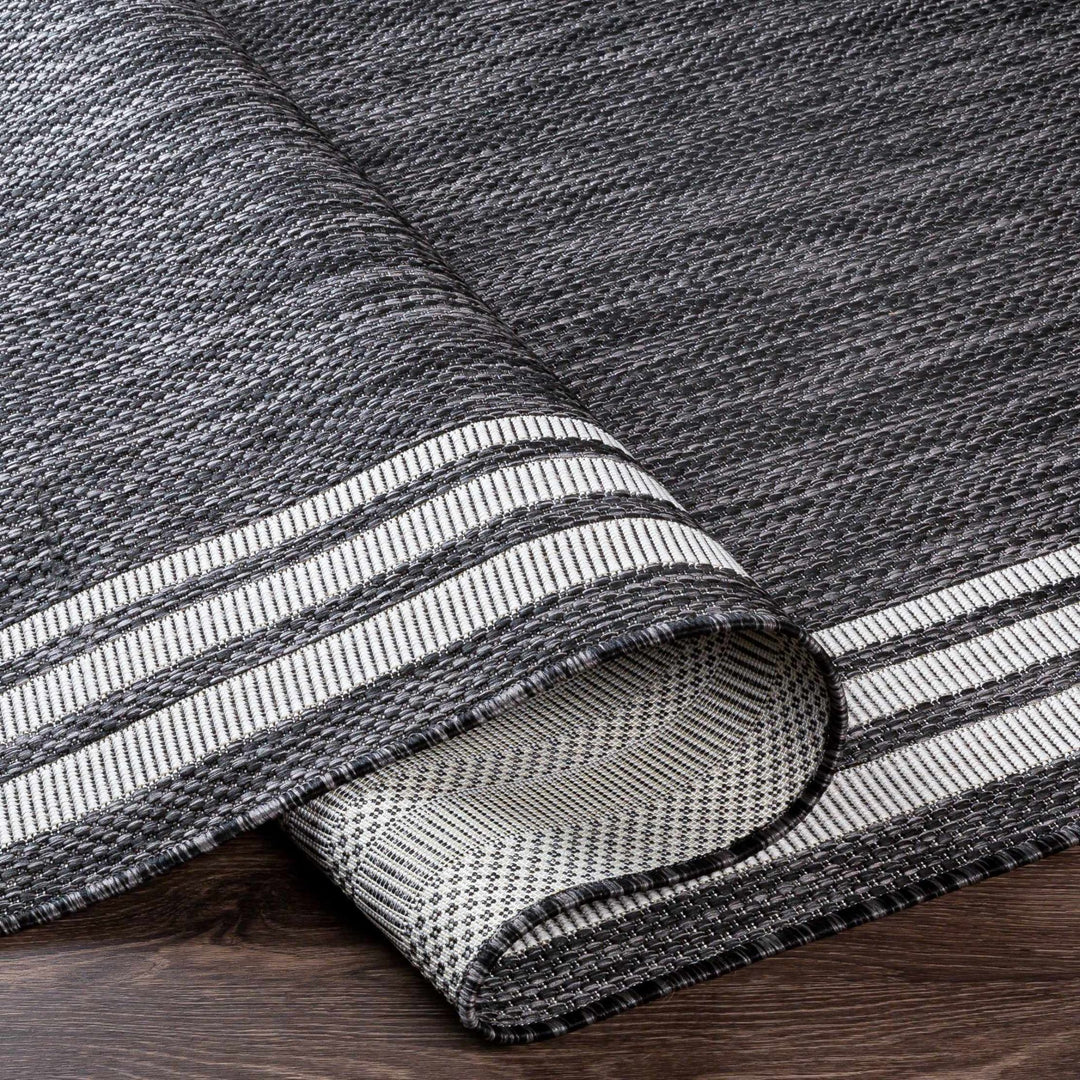 Modern Solid Plain Charcoal and Ivory Stripes Design Outdoor Safe Area Rug - The Rug Decor