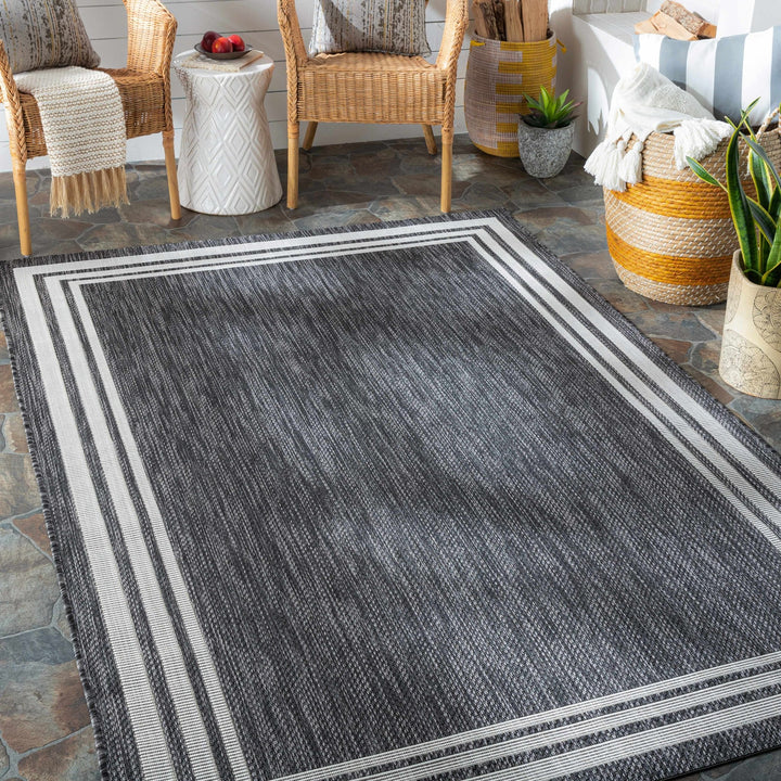 Modern Solid Plain Charcoal and Ivory Stripes Design Outdoor Safe Area Rug - The Rug Decor