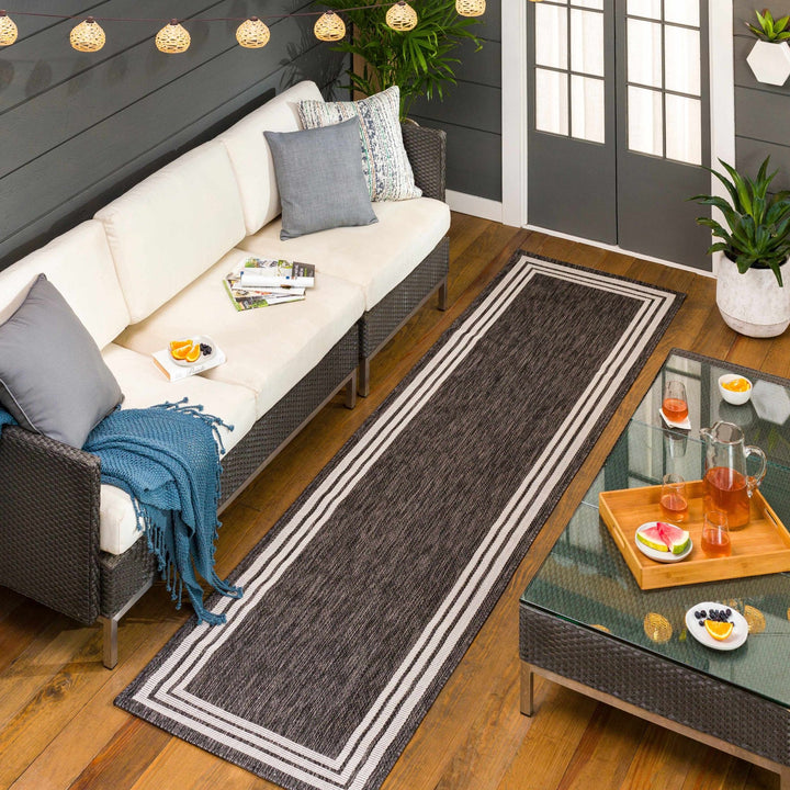 Modern Solid Plain Charcoal and Ivory Stripes Design Outdoor Safe Area Rug - The Rug Decor