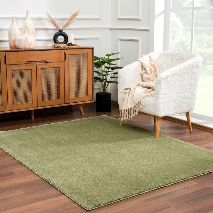 Modern Solid plush High pile Light olive green area rug - The Rug Decor