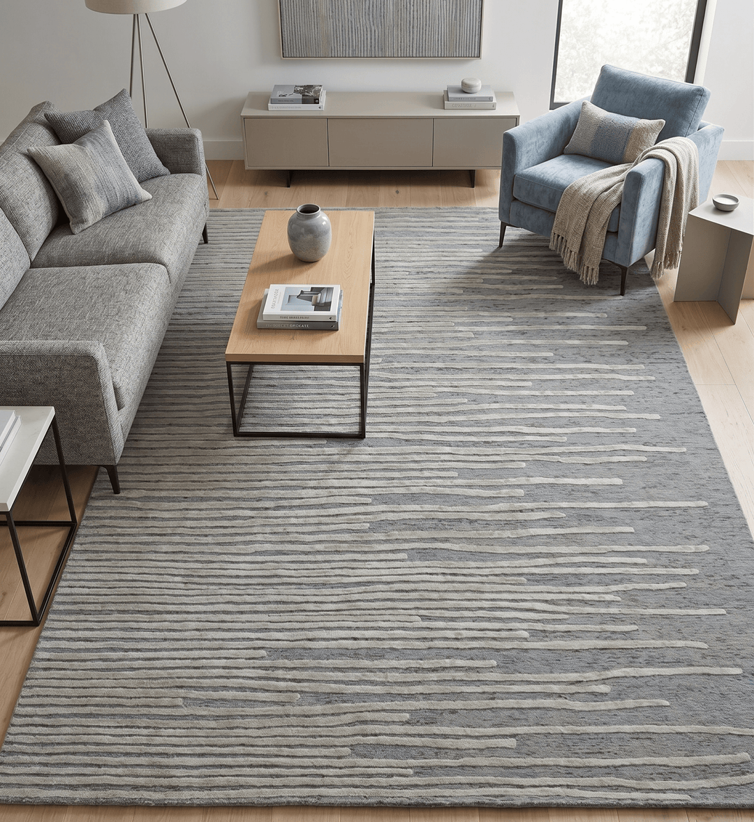 Modern Stripe Pattern Beige and Gray Hand Tufted Wool and Silk Area Rug - The Rug Decor