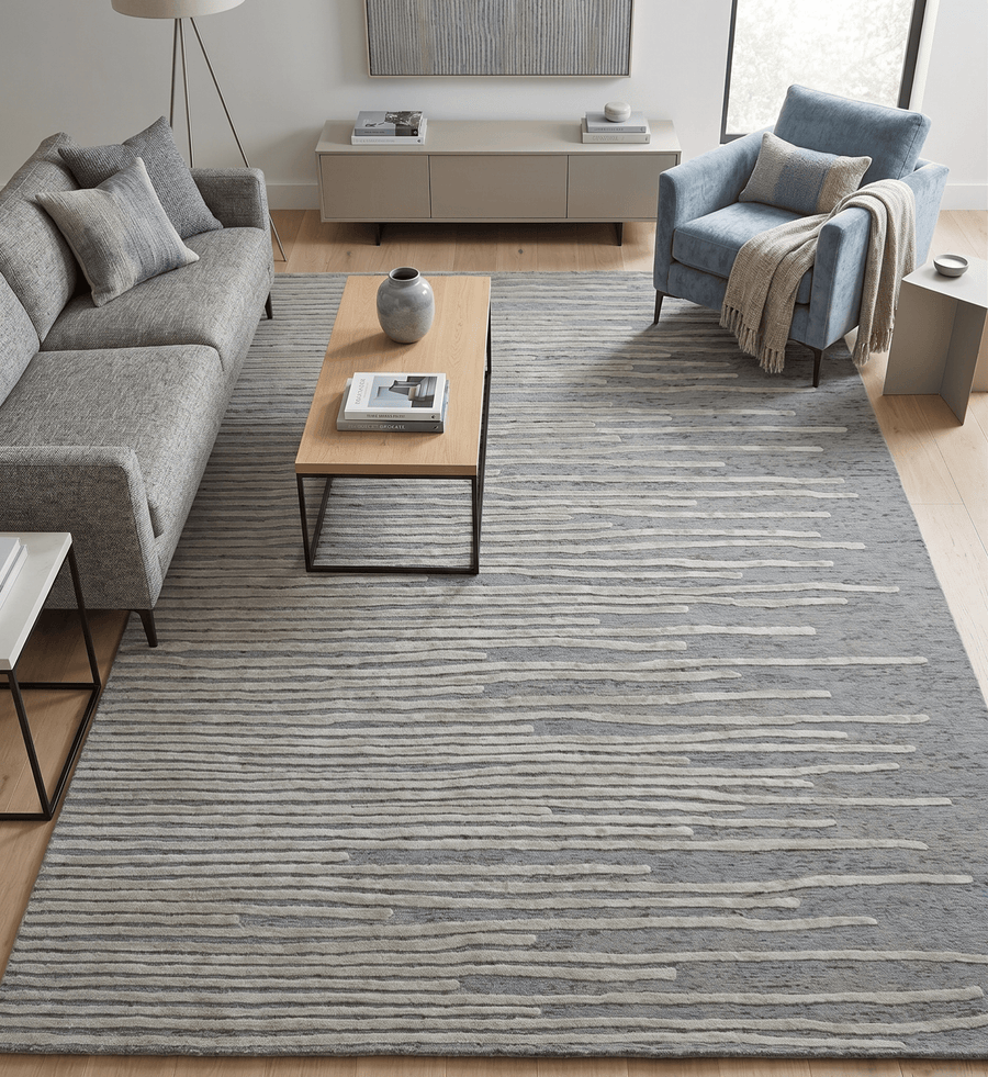 Modern Stripe Pattern Beige and Gray Hand Tufted Wool and Silk Area Rug - The Rug Decor