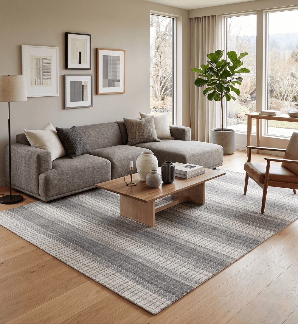 Modern Stripes 8x10 Hand Made Ivory and Gray Blended Wool Area Rug - The Rug Decor