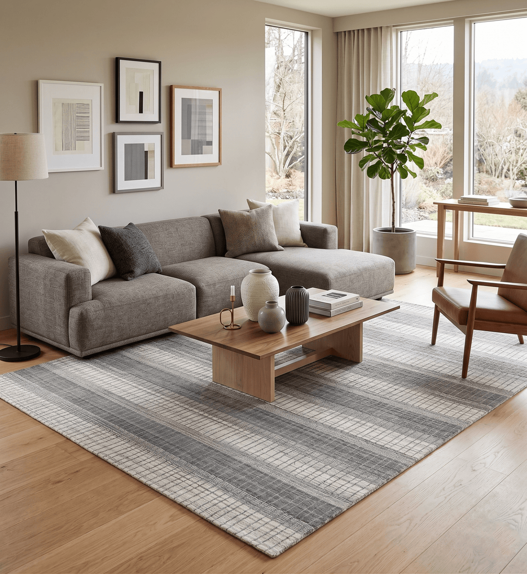 Modern Stripes 8x10 Hand Made Ivory and Gray Blended Wool Area Rug - The Rug Decor