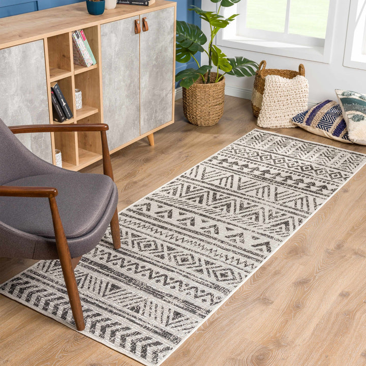Modern Stripes Chevron Design Ivory and Charcoal Outdoor Safe Area Rug - The Rug Decor