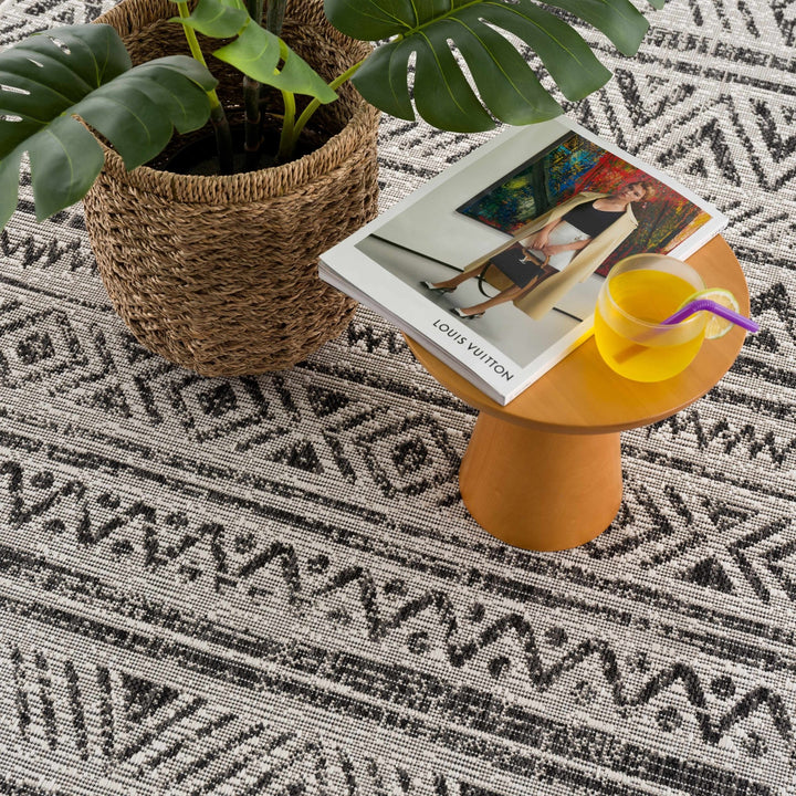 Modern Stripes Chevron Design Ivory and Charcoal Outdoor Safe Area Rug - The Rug Decor