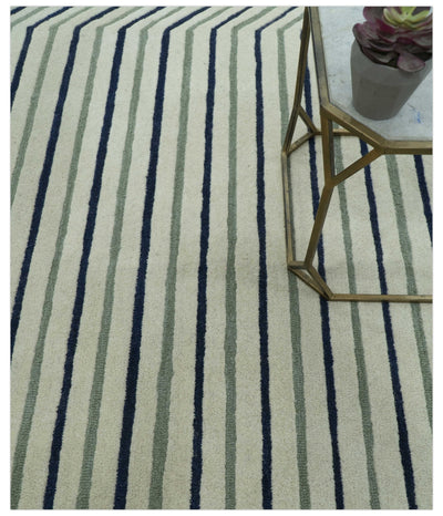 Modern Stripes Design Beige And Blue Hand Tufted Custom Made Wool Area Rug - The Rug Decor