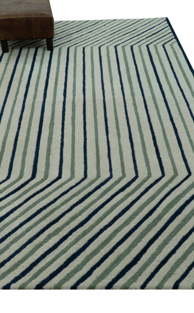 Modern Stripes Design Beige And Blue Hand Tufted Custom Made Wool Area Rug - The Rug Decor