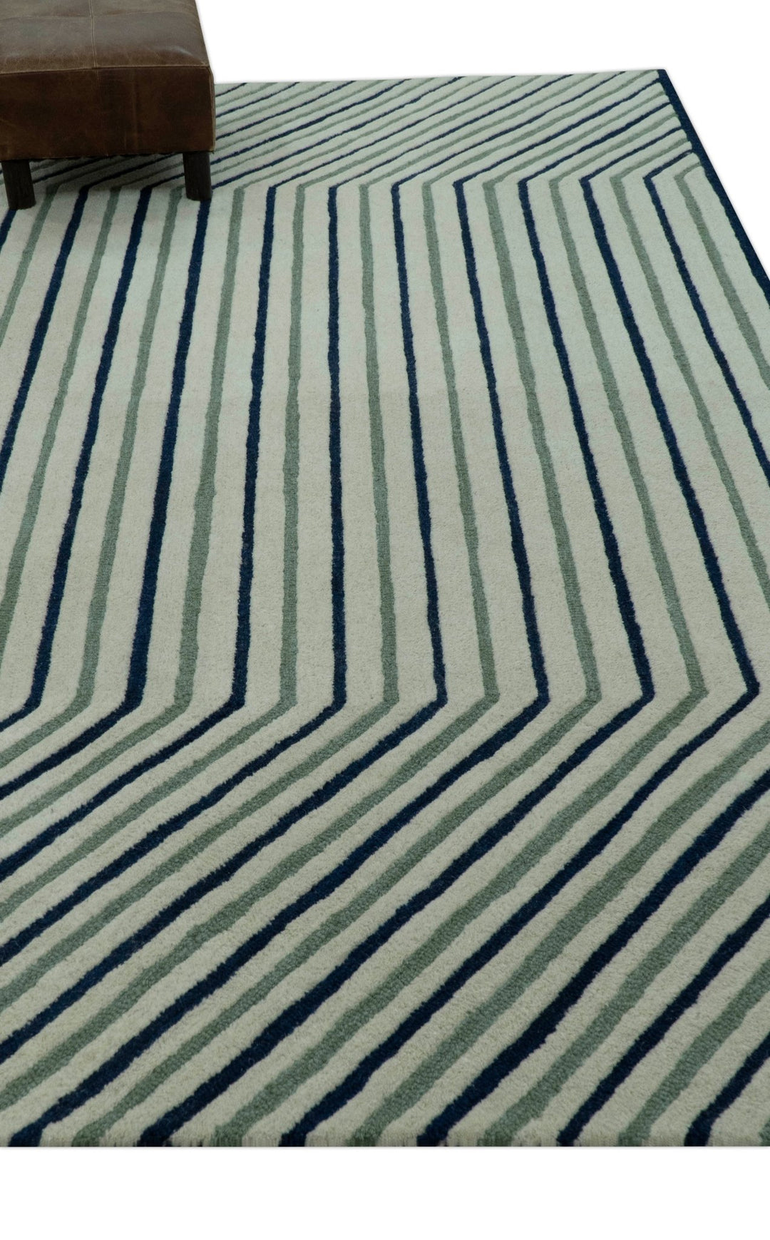 Modern Stripes Design Beige And Blue Hand Tufted Custom Made Wool Area Rug - The Rug Decor