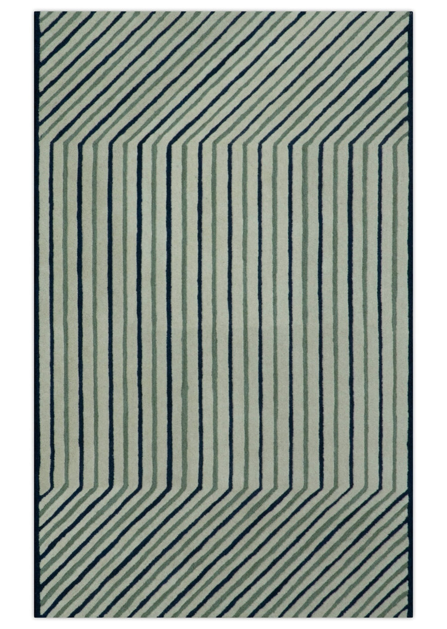 Modern Stripes Design Beige And Blue Hand Tufted Custom Made Wool Area Rug - The Rug Decor