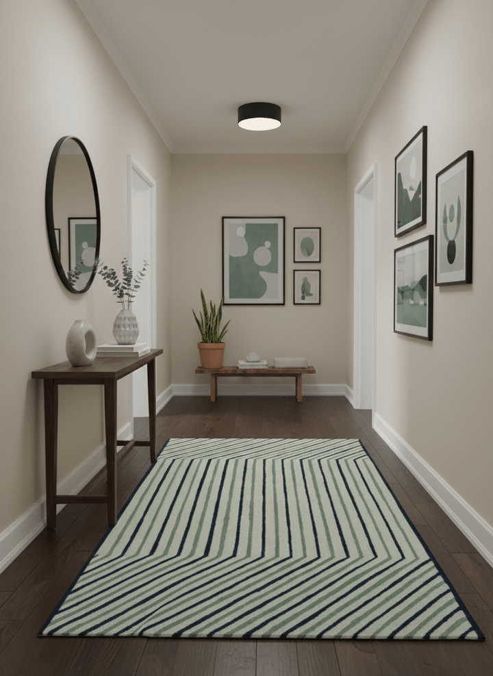 Modern Stripes Design Beige And Blue Hand Tufted Custom Made Wool Area Rug - The Rug Decor