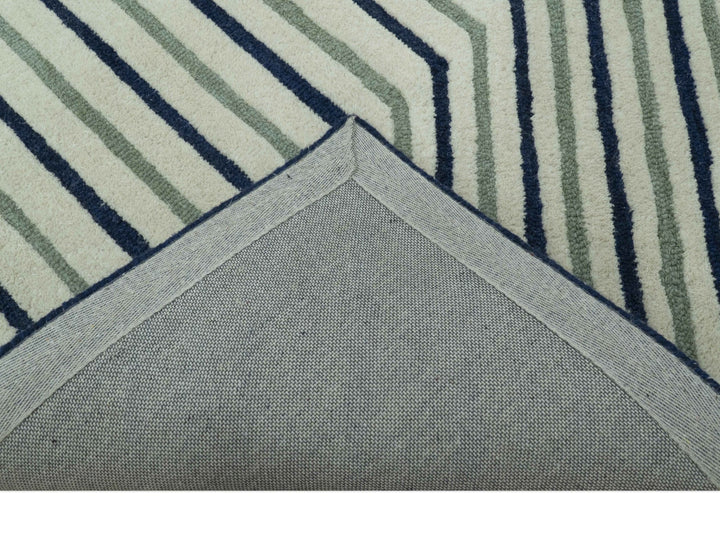Modern Stripes Design Beige And Blue Hand Tufted Custom Made Wool Area Rug - The Rug Decor