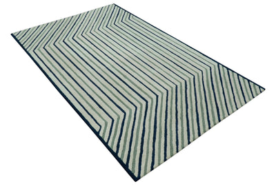 Modern Stripes Design Beige And Blue Hand Tufted Custom Made Wool Area Rug - The Rug Decor