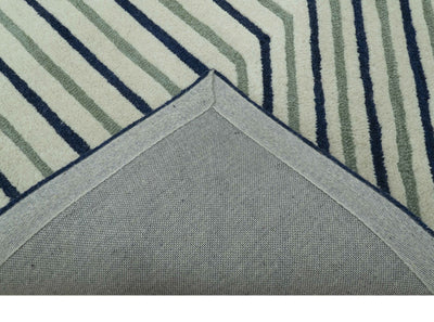 Modern Stripes Design Beige And Blue Hand Tufted Custom Made Wool Area Rug - The Rug Decor