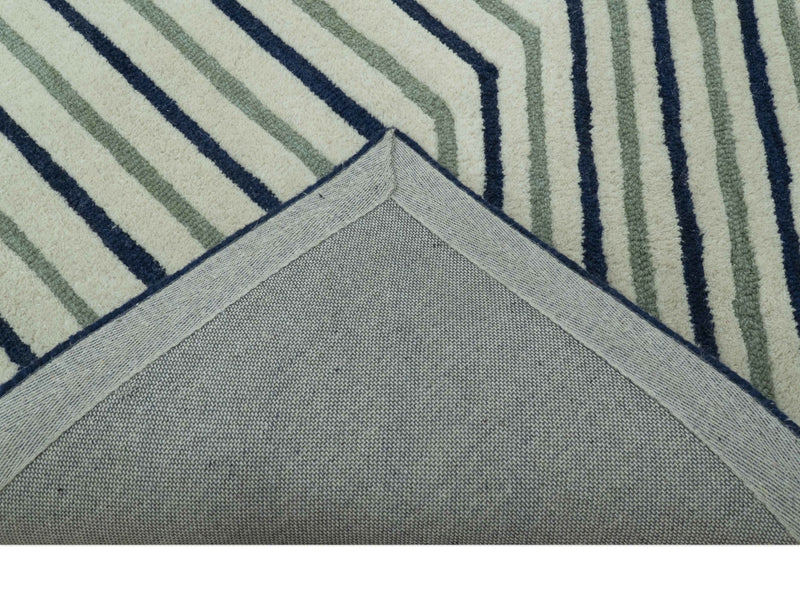 Modern Stripes Design Beige And Blue Hand Tufted Custom Made Wool Area Rug - The Rug Decor