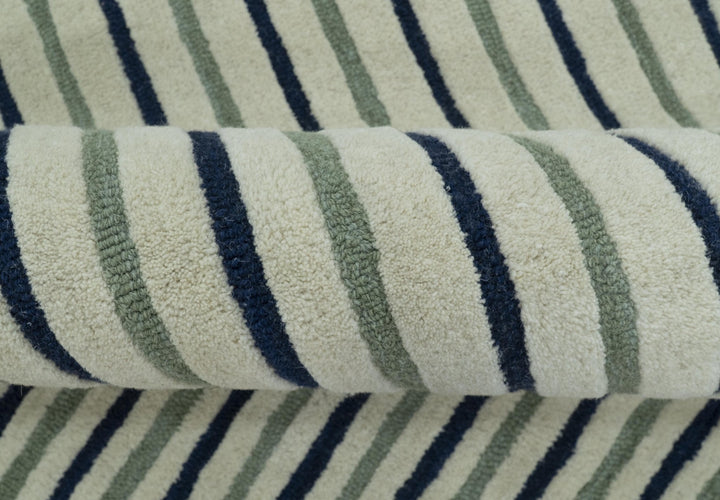 Modern Stripes Design Beige And Blue Hand Tufted Custom Made Wool Area Rug - The Rug Decor
