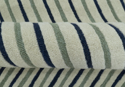 Modern Stripes Design Beige And Blue Hand Tufted Custom Made Wool Area Rug - The Rug Decor