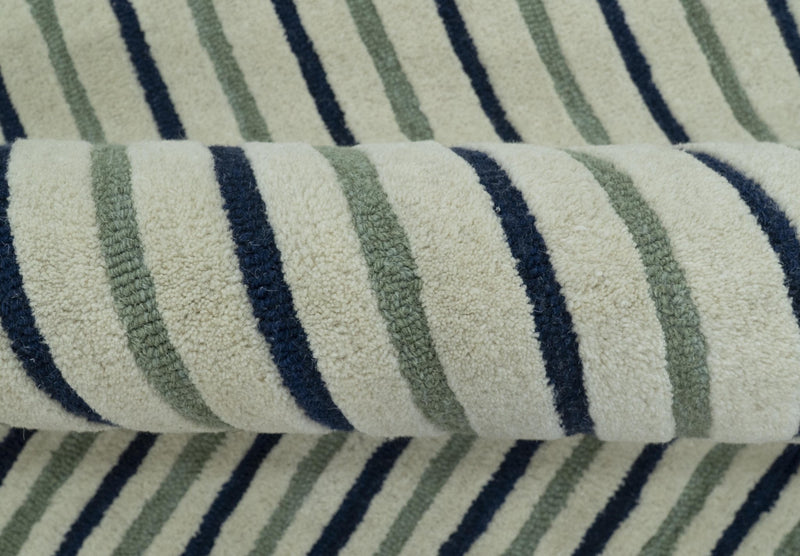 Modern Stripes Design Beige And Blue Hand Tufted Custom Made Wool Area Rug - The Rug Decor