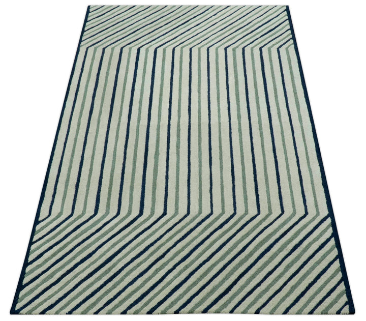 Modern Stripes Design Beige And Blue Hand Tufted Custom Made Wool Area Rug - The Rug Decor