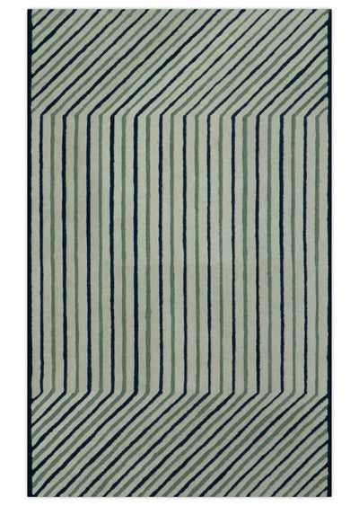 Modern Stripes Design Beige And Blue Hand Tufted Custom Made Wool Area Rug - The Rug Decor