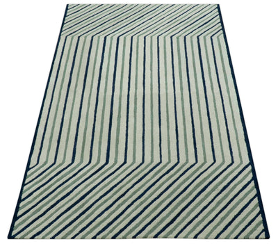 Modern Stripes Design Beige And Blue Hand Tufted Custom Made Wool Area Rug - The Rug Decor