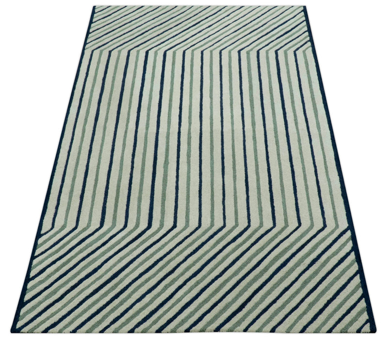 Modern Stripes Design Beige And Blue Hand Tufted Custom Made Wool Area Rug - The Rug Decor