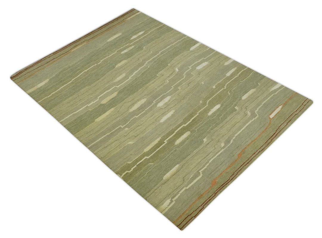 Modern stripes Design Olive, Light Green, Beige and Rust Hand loom 5x7 wool and Art Silk Area Rug - The Rug Decor