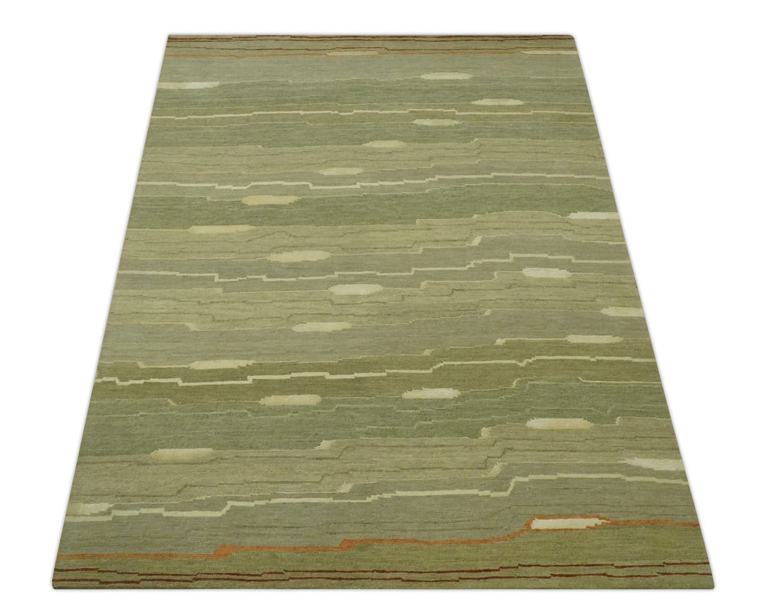 Modern stripes Design Olive, Light Green, Beige and Rust Hand loom 5x7 wool and Art Silk Area Rug - The Rug Decor