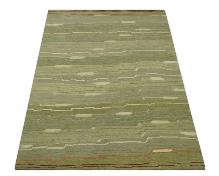Modern stripes Design Olive, Light Green, Beige and Rust Hand loom 5x7 wool and Art Silk Area Rug - The Rug Decor