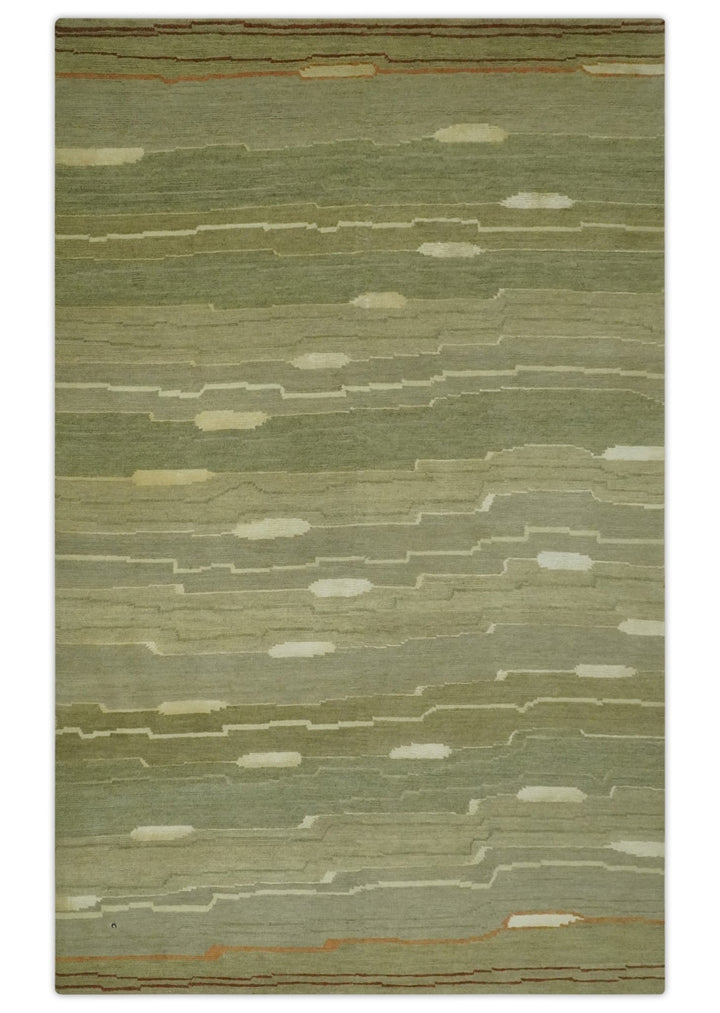 Modern stripes Design Olive, Light Green, Beige and Rust Hand loom 5x7 wool and Art Silk Area Rug - The Rug Decor