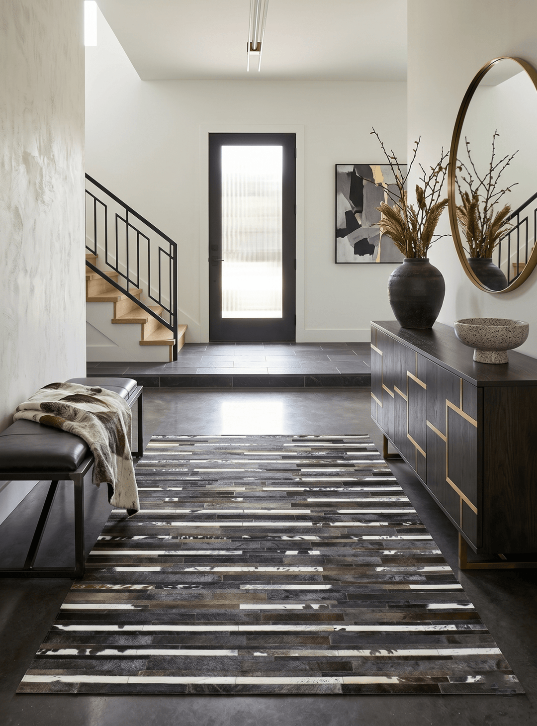 Modern Stripes Pattern Handwoven Brown And Black Leather Area Rug - The Rug Decor