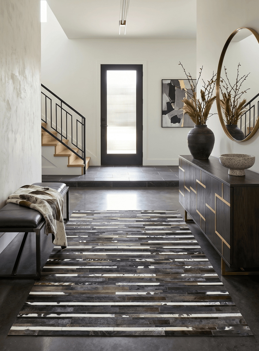 Modern Stripes Pattern Handwoven Brown And Black Leather Area Rug - The Rug Decor