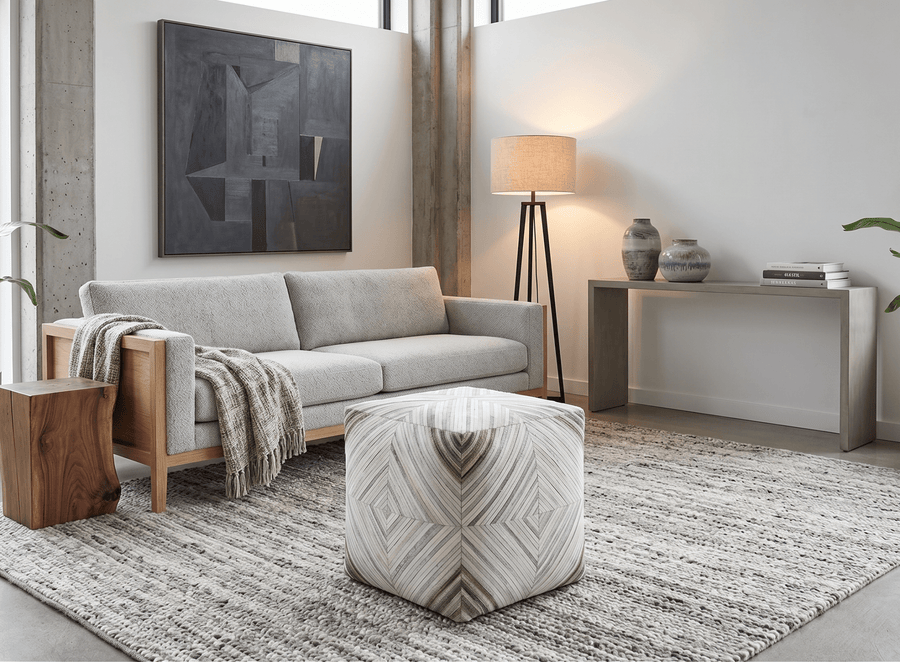 Modern Stripes Pattern Ivory and Brown Leather Pouf - The Rug Decor