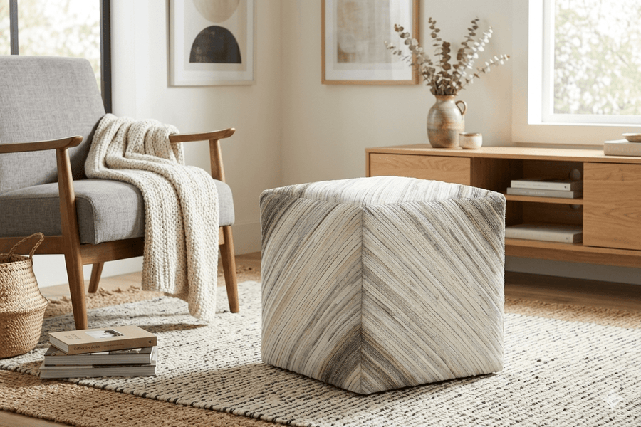 Modern Stripes Pattern Ivory and Brown Leather Pouf - The Rug Decor
