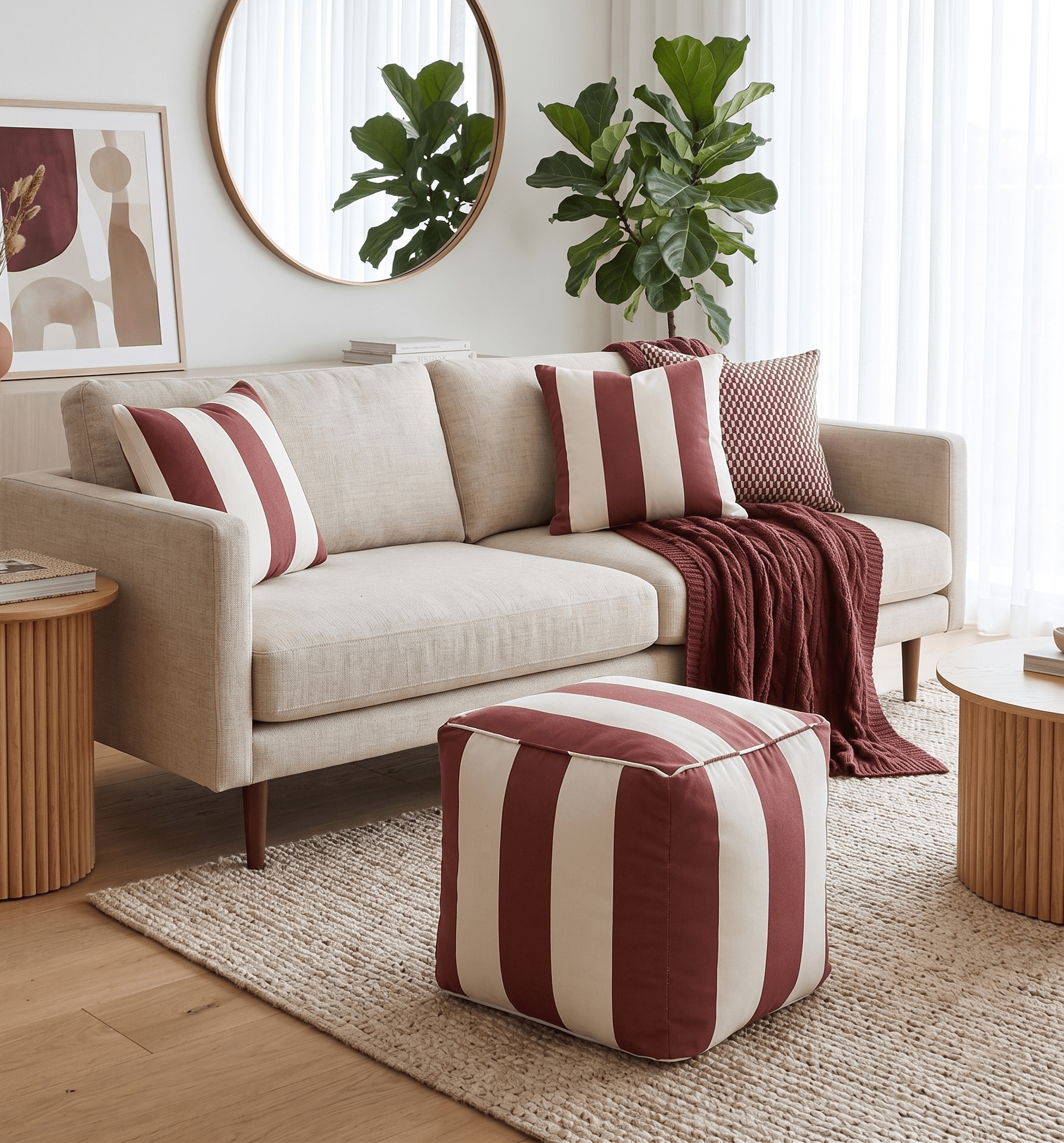 Modern Stripes Pattern Rust And White Polyester Pouf – The Rug Decor