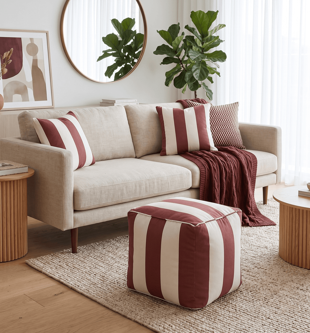 Modern Stripes Pattern Rust And White Polyester Pouf - The Rug Decor