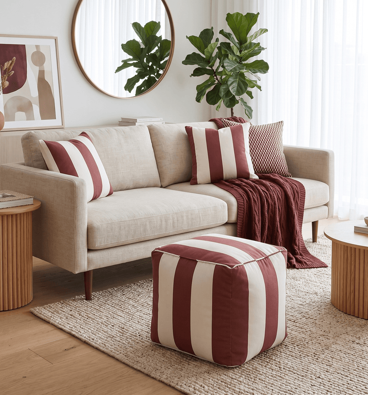 Modern Stripes Pattern Rust And White Polyester Pouf - The Rug Decor