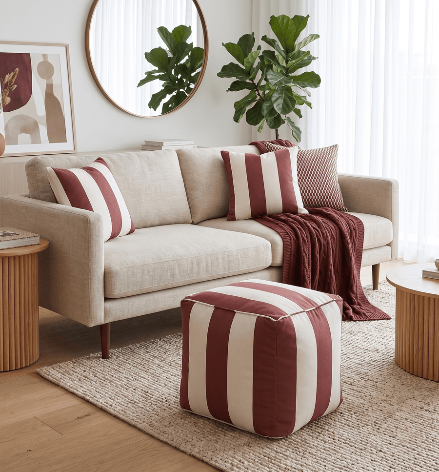 Modern Stripes Pattern Rust And White Polyester Pouf - The Rug Decor